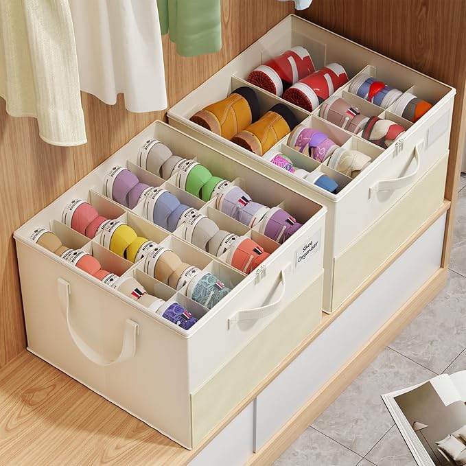 NestOrganix 2 Pack Shoe Organizer for Closet, Large Shoe Box Storage Containers, Foldable Shoe Storage Organizer Box Bin with Adjustable Dividers and Clear Cover, Space Saving Shoes Holder, Beige