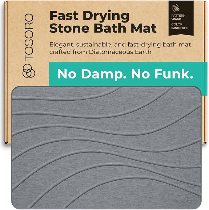 TOSORO - Stone Bath Mat Diatomaceous Earth Shower Mat Non-Slip Super Absorbent Diatomite Stone Bath Mats for Bathroom Floor Quick Drying Natural Easy to Clean (23.5 x 15) - Graphite