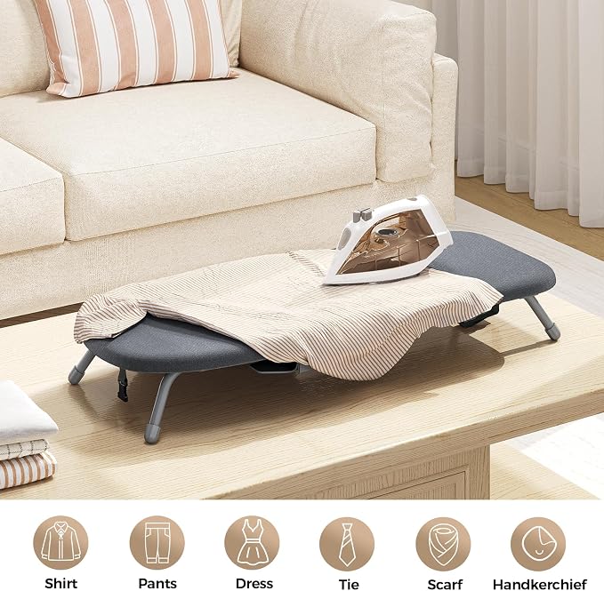 Kingboard Tabletop Ironing Board with Iron Holder, Small Iron Board with Heat Resistant Cover, Portable Mini Ironing Board with Non-Slip Feet for Home Travel, 12 * 32 Black