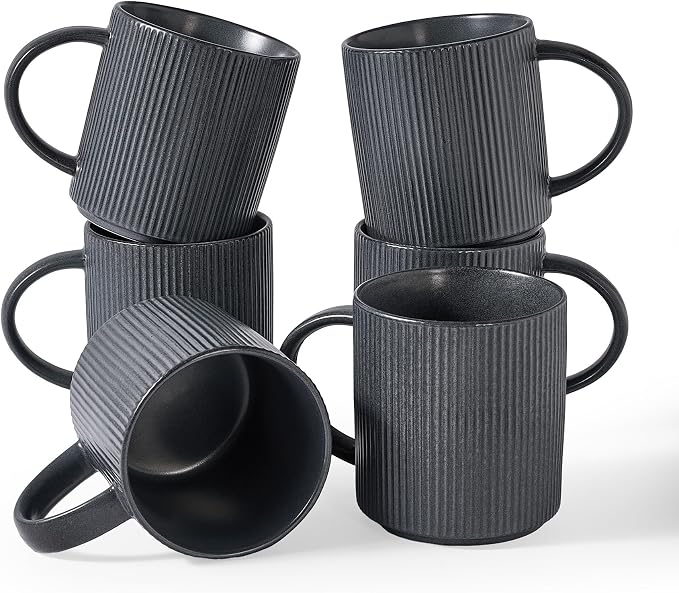 famiware Coffee Mug Set for 6, Star 16 oz Catering Mugs Cup Set with Handle for Coffee, Tea, Cocoa, Milk - Ceramic Stoneware Drinkware Set, Matte Dark Charcoal