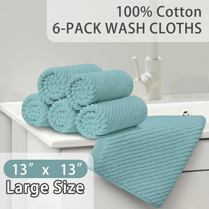 VOOVA & MOVAS Wash Cloths 6PC, 100% Cotton, 13x13 in, Aqua Teal | Thick, Quick Dry, Soft, Absorbent, Luxury Facial Towels, Hand Towels For Shower, Bathroom Essentials