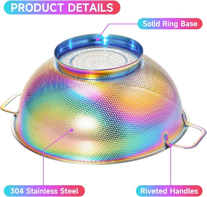 Rainbow Strainer for Kitchen, 5QT, Stainless Steel Colander with Handle for Fruits Vegetables Cooking Food, Dishwasher Safe