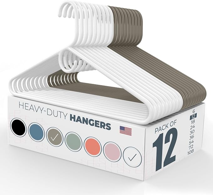 Heavy Duty Clothes Hangers 12 Pack – Made in the USA – 8lb Capacity Plastic Hangers for Adult Clothing – Durable for Pants, Coats, Jackets, or Jeans – White & Gray