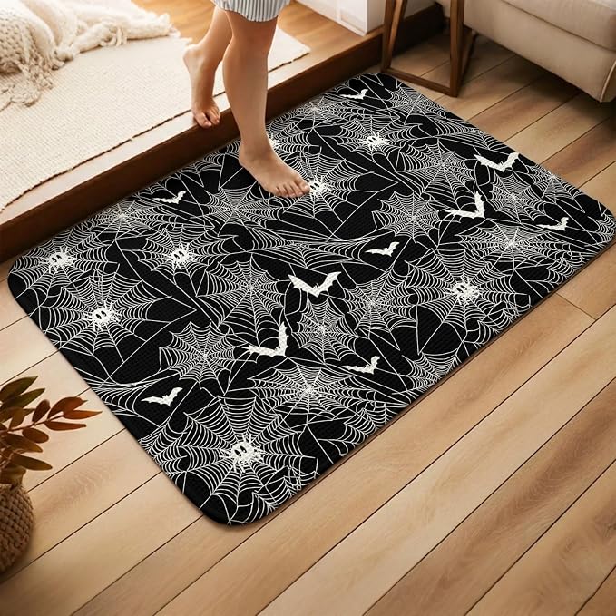 Halloween Bathroom Rugs Non Slip Washable Bath Mat Absorbent Low Pile Front Door Mat Black Scary White Bat Animal Net Geometric Indoor Doormat for Kitchen Entryway Shower Decor Accessories 19.7"x31.5"