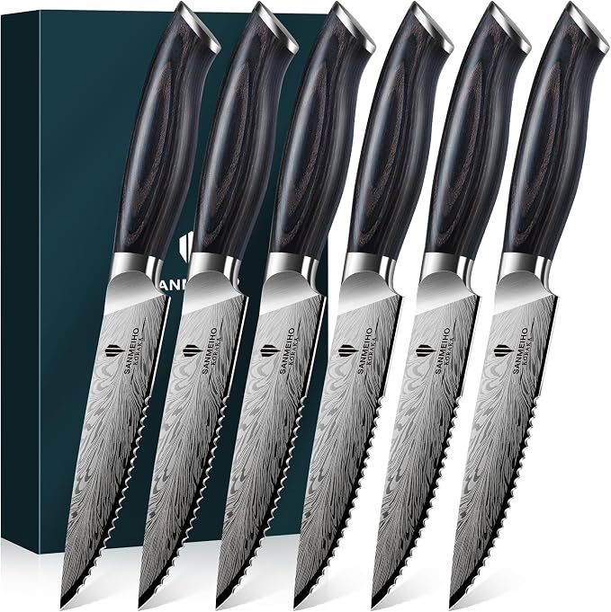 Steak Knives Set of 6, Powder Steel Steak Knife Set | Ultra Sharp 4.5 Inch Serrated Steak Knives with Ergonomic Pakkawood Handle Japanese Knives for Steak, Bread and Butter