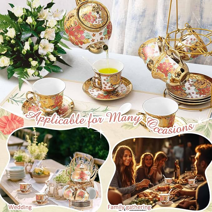 Zhehao 20 Pcs Porcelain Tea Set with Metal Holder and Spoon Adult Ceramic Tea Set European Flower Painting Teapot Cup Saucer Spoon for Women Mom Gift, Large Version (Stylish Style)