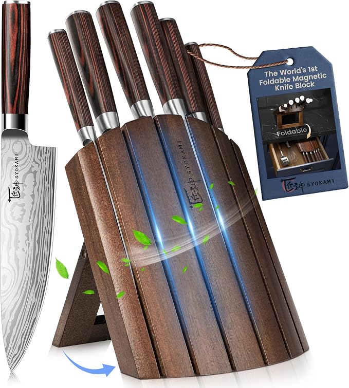 SYOKAMI 2026 Upgrade Knife Set 7 Piece Japanese Style Kitchen Knife Set With Foldable Magnetic Acacia Wood Block Sharp High Carbon Stainless Steel Chef Knives Set with Anti-slip Handle, Ideal for Gift