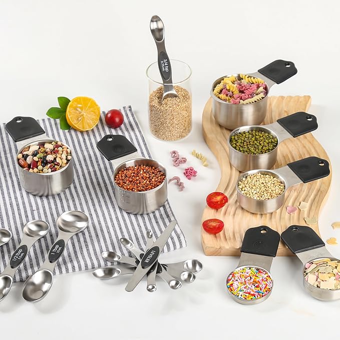 Magnetic Measuring Cups and Spoons Set 16, Metric & US Stainless Steel Measuring Cups and Spoons Set for Dry & Liquid, Metal Measure Cups & Spoons & Leveler for Kitchen&Baking, Black