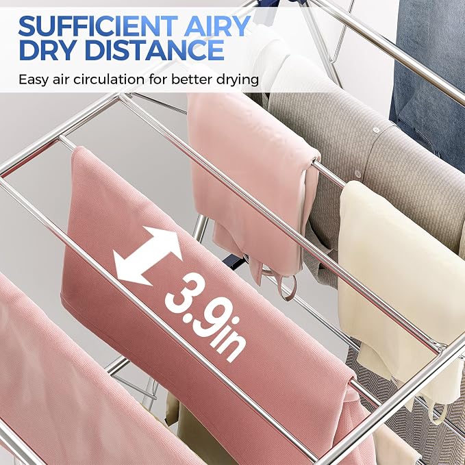 APEXCHASER Clothes Drying Rack, Foldable 2-Level Drying Rack Clothing, Stainless Steel Free-Standing Laundry Airer, with Height-Adjustable 4 Wings, Matte Blue