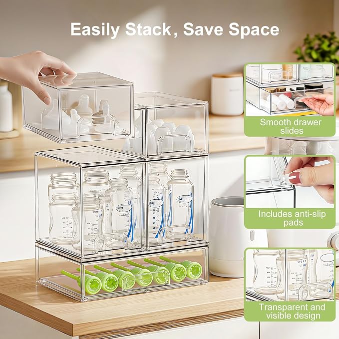 Bottle Storage Organizer Baby: Clear Stackable Storage Drawers, Acrylic Bottles Station Organizer for Countertop, Vanity, Bathroom, Cabinet Organization - 5 Pack