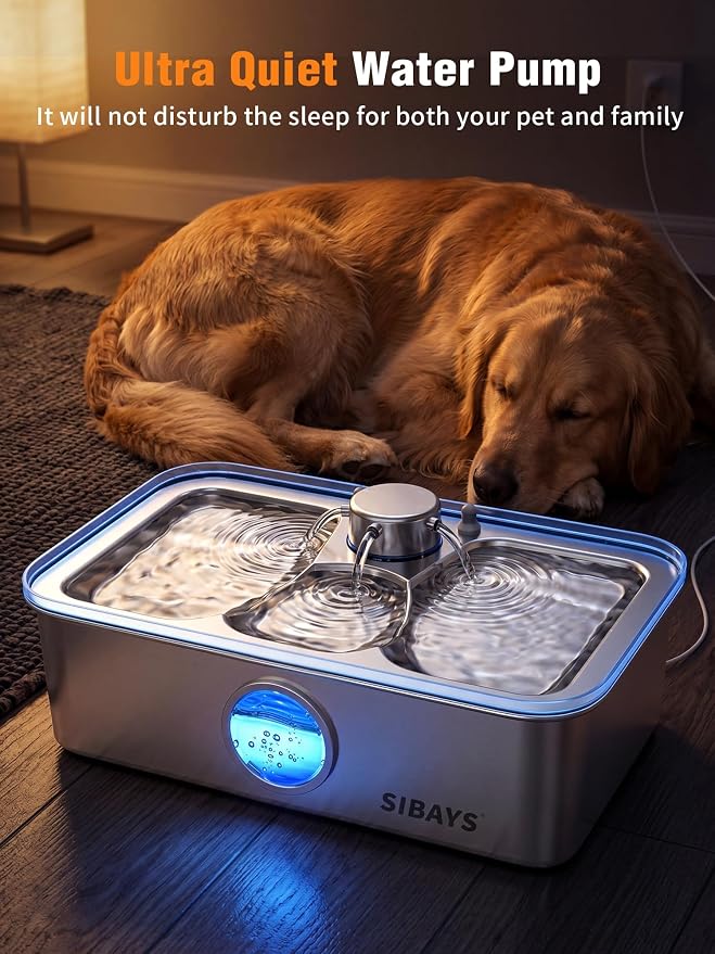 SIBAYS 4.5Gal/17L Dog Water Fountain, Large Capacity Stainless Steel Pet Water Fountain with Water Level LED Light, Ultra Quiet Dog Water Bowl Dispenser for Large Dogs & Multi-Pet, Easy to Clean FS83