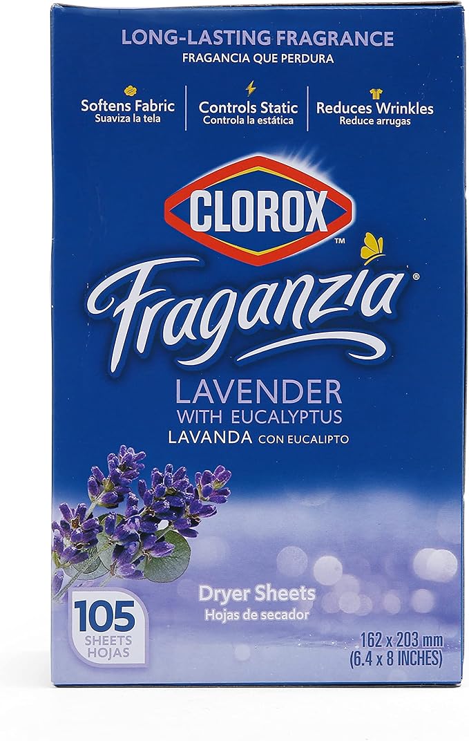 Clorox Fraganzia Fabric Softener Dryer Sheets Wrinkle Reducing Anti-Static Laundry Lavender Eucalyptus Scent 105 Count Bulk Pack