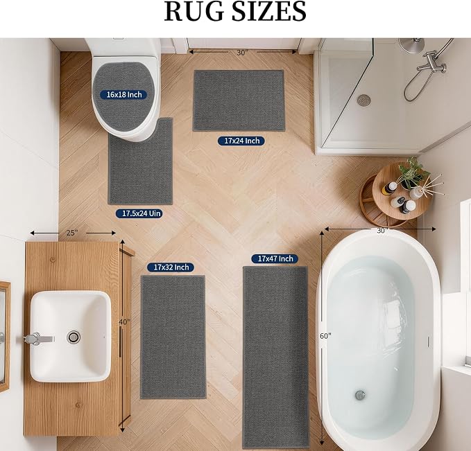 YIHOUSE Dark Gray Bathroom Rugs Sets 5 Piece, Quick Dry Thin Bath Mat with Toilet Rug - Non Slip Absorbent Machine Washable - Bath Runner Rugs for Bathtub Sink Home Decor