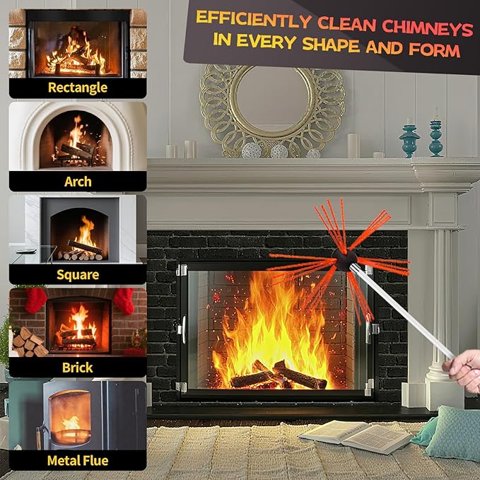 Chimney Sweep Kit - 33 Feet, Chimney Cleaning Tool with 10 Nylon Flexible Rods, Brush & Drill-Driven Rotary System