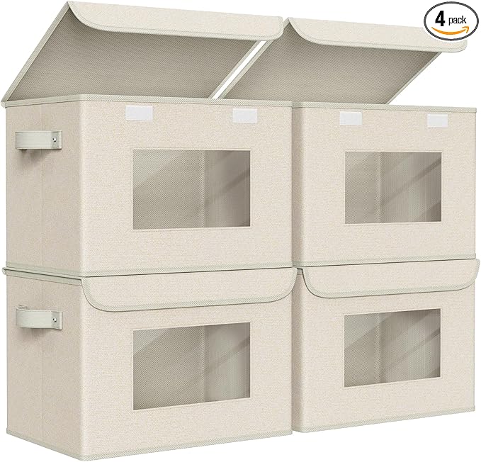 Univivi Collapsible Stackable Storage Bins with Lids [4-Pack] Foldable Fabric Closet Organizer Basket, Closet Organizers and Storage Cube Storage Bin for Home, Office, Bedroom (Beige, 17“ x 12” x 12")