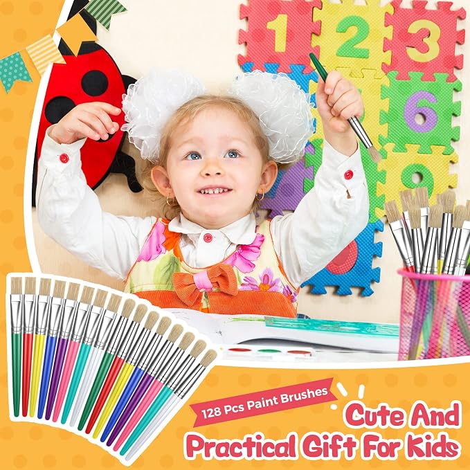 128 Pcs Paint Brushes for Kids Paint Brushes Bulk Toddler Children Paint Brush Set Large Chubby Paintbrushes Flat and Round Paint Brush for Washable Paint Acrylic Paint Preschool Art Supplies Craft