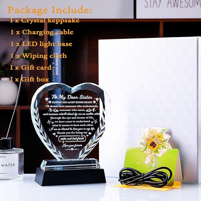YWHL Sister Birthday Gifts from Sisters, Gifts for Sister from Brother, Crystal Heart Sisters Keepsake Gifts for Mother's Day Christmas Graduation