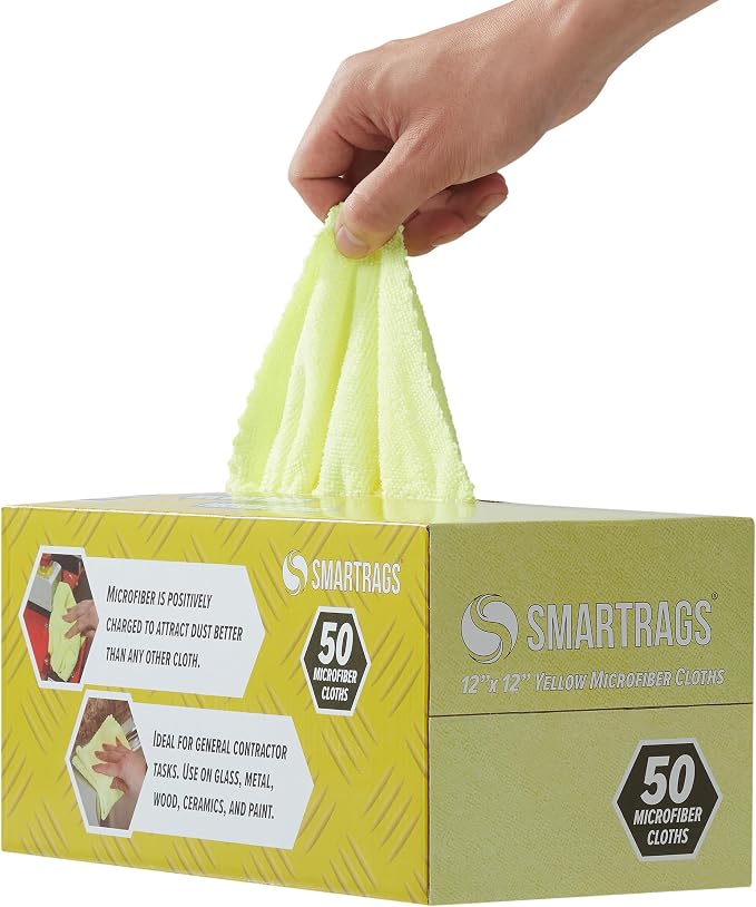 Arkwright Smart Rags Microfiber Cleaning Cloths, Pack of 50 in a Box, Lint Free 180 GSM Reusable Towels for Auto, Office and Household Cleaning, 12 x 12 in, Yellow