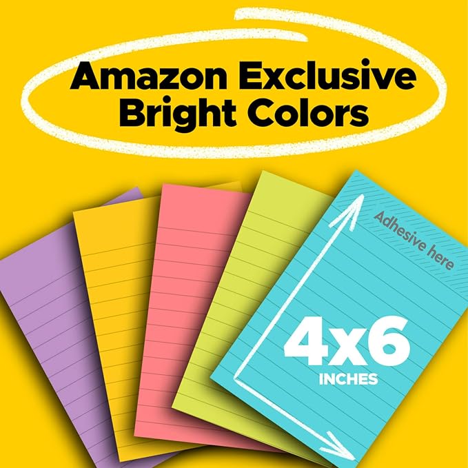 Post-it Super Sticky Notes, 4x6 in, 5 Pads/Pack, 90 Sheets/Pad & Super Sticky Notes, 3x3 in, 24 Pads/Pack, 70 Sheets/Pad, Amazon Exclusive Bright Color Collection