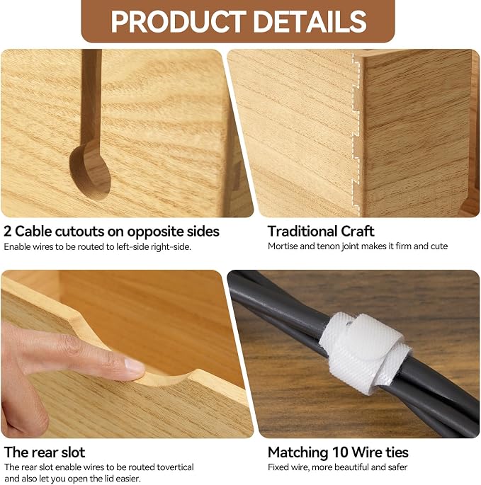 KIRIGEN Wooden Cable Management Box Set of 2, Cord Organizer, Natural | Large and Small Solid Wood Boxes with Removable Lids for Power Strips, Chargers, Routers, and Desks Home Office