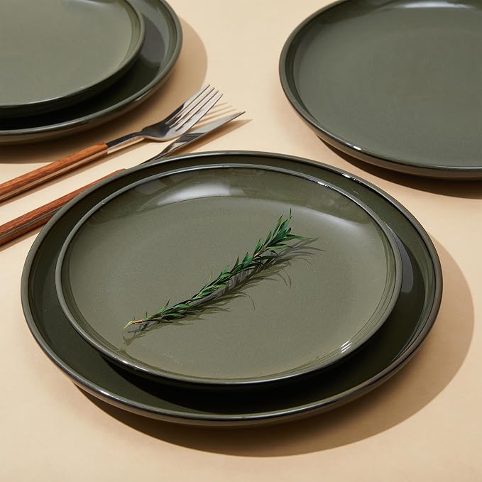 Pokini 16 Piece Double Bowl Dinnerware Sets with Pasta Bowls, Highly Chip and Crack Resistant Plates and Bowls Sets, Natural Earthyware Ceramic Dishware Sets, Service for 4 Blackish Green