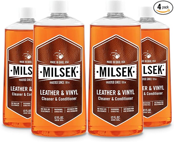 Milsek Leather Leather & Vinyl Cleaner, 12-Ounce, Pack of 4, Orange (LC-4) | Cleans, conditions, and helps protect leather and vinyl furniture, automotive interiors, shoes, and bags.