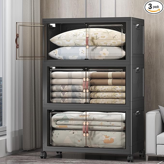 Stackable Storage Bins, 525QT Collapsible Drawers with 1 Lid | Large Capacity, Magnetic Door, Stack Lock, Rolling Wheels, Foldable Design, Organizers and Storage for Bedroom Dorm Garage
