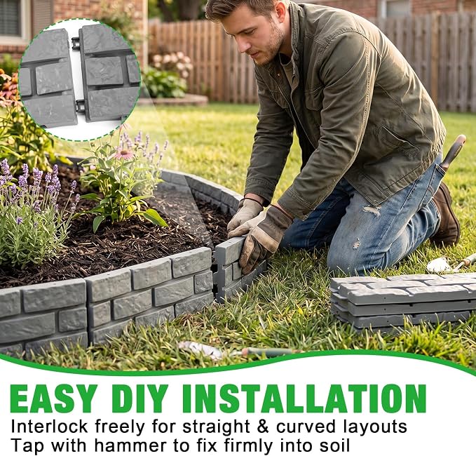 15 Pcs Garden Edging Border, 26ft Faux Stone Edging for Landscaping Lawn | No-dig Plastic Garden Fence, Stone Look Barrier with Built-in Stakes for Flower Beds, Yard, Paths, Patio and Tree Rings Decor