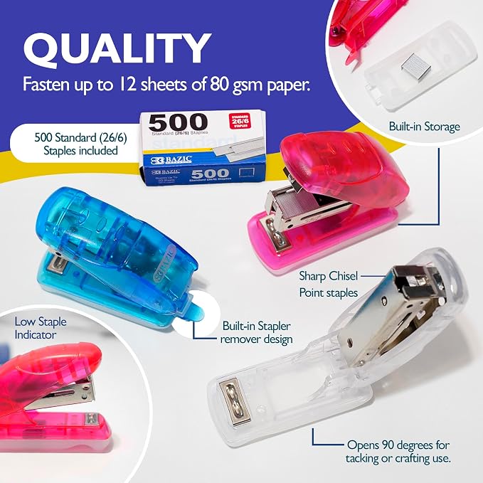 BAZIC Products Mini Stapler, Standard 26/6, with 500 Staples, 24-Box | 500 standard 26/6 staples for fast paper fastening at the desk, classroom, home office