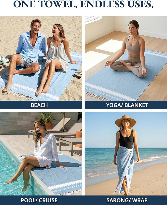 LANE LINEN Beach Towels 6 Pack, Bulk Beach Towels Oversized - Classic Color | Pool Towels for Adults - Pre-Washed, 39"x71", Vacation Essential - Machine Washable, Travel & Camping, Reinforced Hems