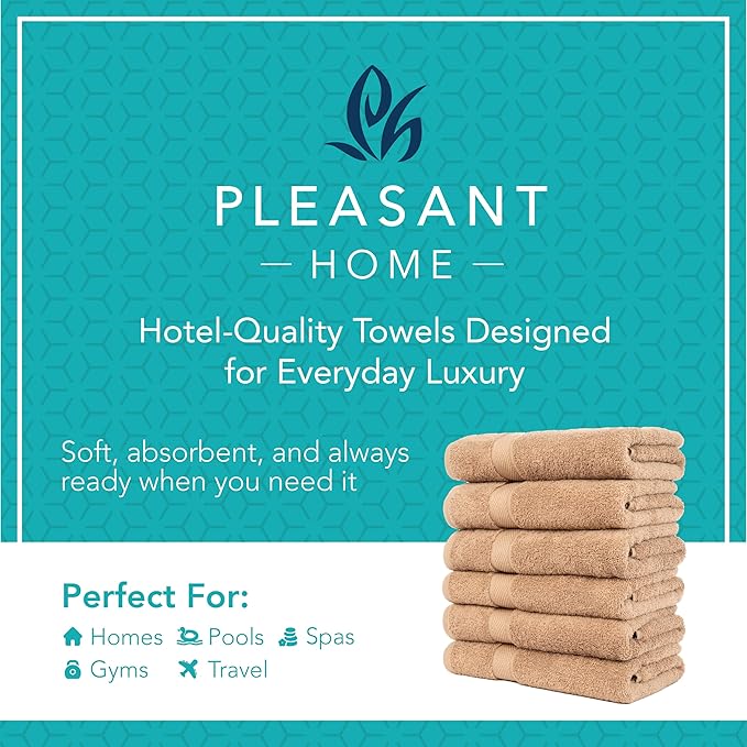Pleasant Home Bath Towels Set of 6 (24” x 50”) 100% Cotton, 515 GSM | Lightweight, Soft & Highly Absorbent Luxury Towels for Bathroom | for Gym, Pool & Spa | 6 Pack, Mocha