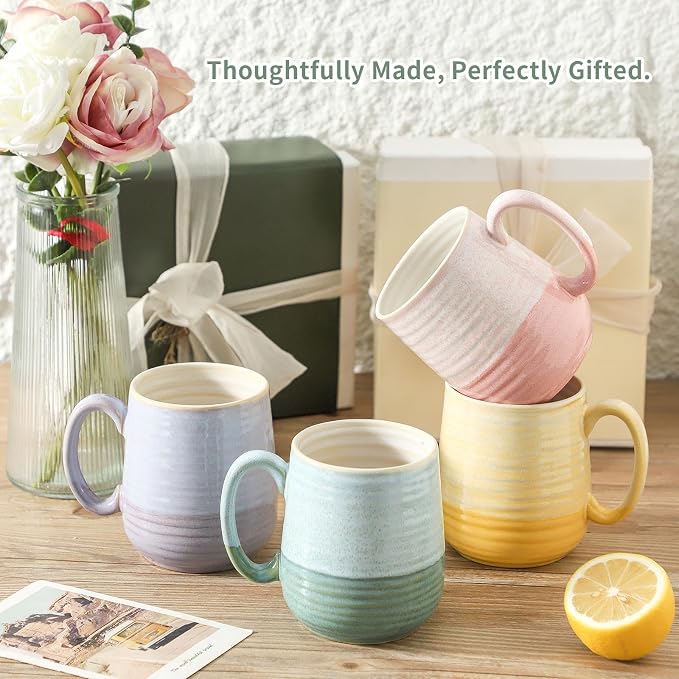 HASENSE Coffee Mugs, 12 oz Porcelain Coffee Cups Set of 6, Two-Tone Reactive Glaze Mugs Gift for Women and Men, Big Colorful Tea Cup for Latte, Cappuccino & Hot Chocolate, Dishwasher Microwave Safe