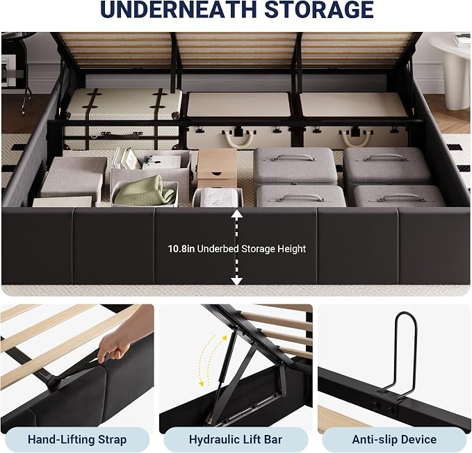Allewie King Size Velvet Lift Up Hydrualic Storage Bed Frame, Black | Vertical Channel Tufted Headboard, Hydrualic Underneath Storage, Upholstered Platform Bed, No Box Spring Needed