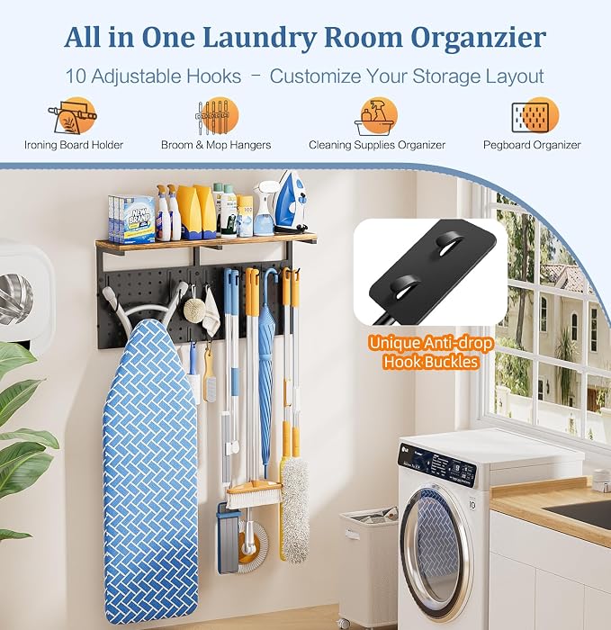 Ironing Board Hanger Wall Mount, Large Storage Iron and Ironing Board Holder, Laundry Room Storage Shelves with Ironing Board Broom Mop Holder, Laundry Accessories Organization and Storage Organizer