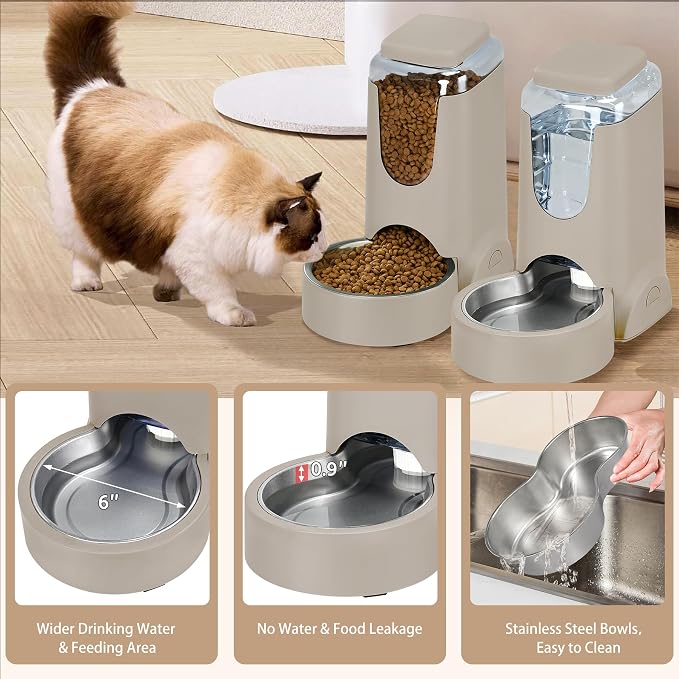 2 Pack Automatic Cat Feeder and Stainless Steel Water Dispenser, Gravity Dog Waterer Set Food Feeder and Waterer Set for Small Medium Kitten Puppy Pets(1 Gallon x 2, Brown)