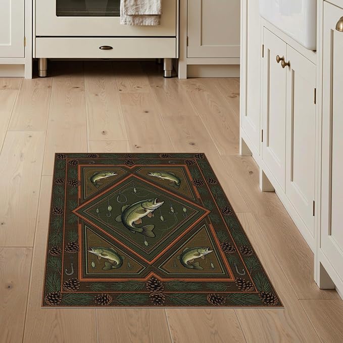 3'x5' Washable Area Rug Bass Lure Cabin Pinecone Hook Border Tackle Motif Fish Fishing Refined Non-Slip Chair-Friendly for Home Office, Hallway, Laundry Room