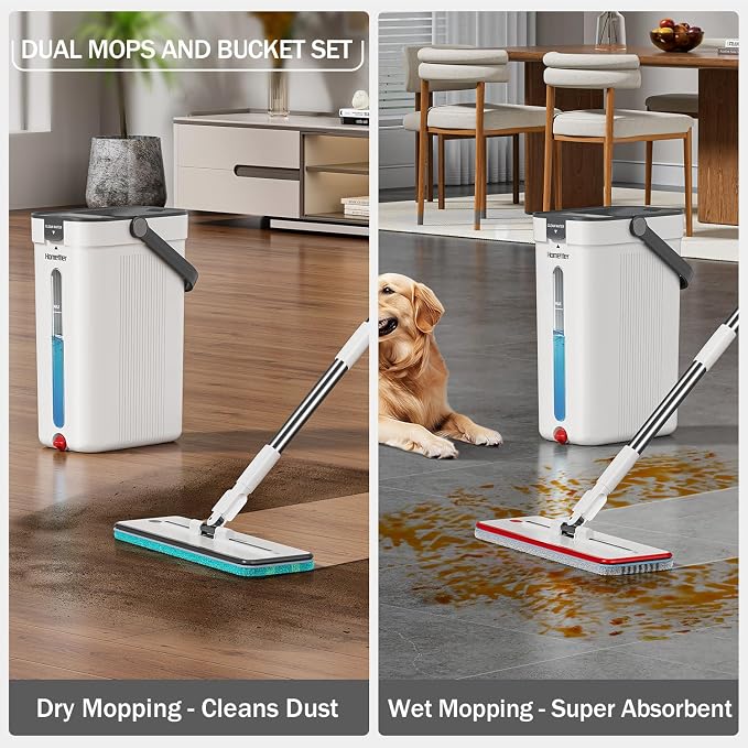 HoMettler Dual Mop and Bucket Set, Flat Mop and Bucket System with Separate Dirty and Clean Water, 3-Compartment Wall Cleaner Mop, Flat Mops for Floor Cleaning with 6 Microfiber Pads