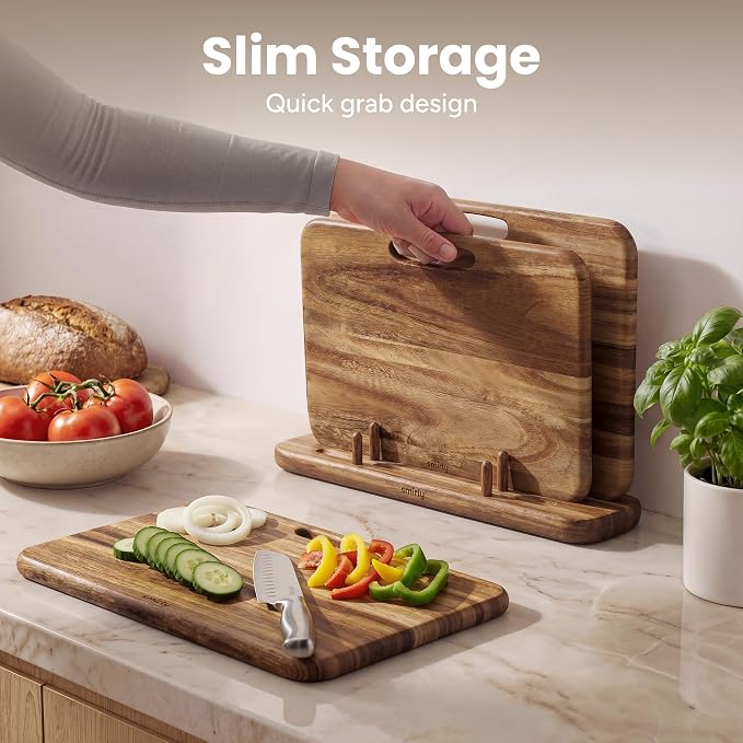 SMIRLY Cutting Boards for Kitchen - 3 Piece Acacia Cutting Board with Stand | Double-Sided Wood Cutting Board, Wooden Cutting Boards Non Toxic for Meat Vegetable Fruit, Food-Grade