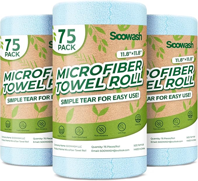 Microfiber Cleaning Cloths Roll, 225 Pack Tear Away Microfiber Towels Roll, 12" x 12" Lint Free Rags, Reusable Cleaning Cloths, Washable, Scratch Free,Ultra Absorbent Dish Rags(Blue)