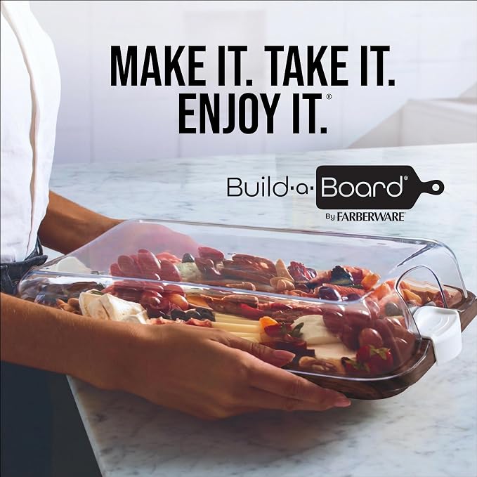Farberware Build-A-Board Acacia Cutting Board with Compartments and Clear Locking Lid, White Handles, 11x14 Inches - Charcuterie Board, Snack Tray, Food Prep and Portable Entertaining Platter