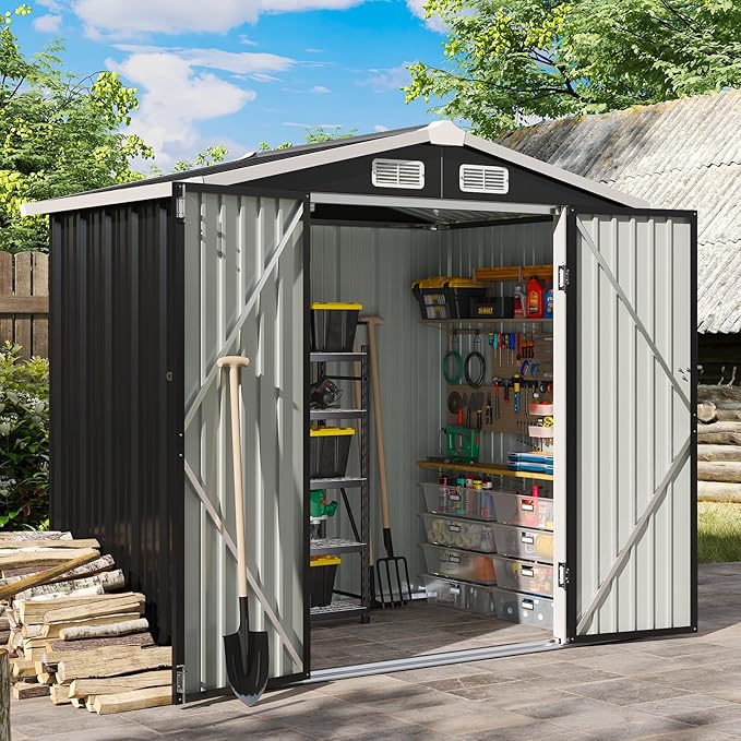 Aoxun 6.2x4 FT Shed Outdoor Storage Shed, Black | Metal Shed with Lockable Doors & Slooping Roof Garden Tool Shed for Backyard, Patio, Poolside