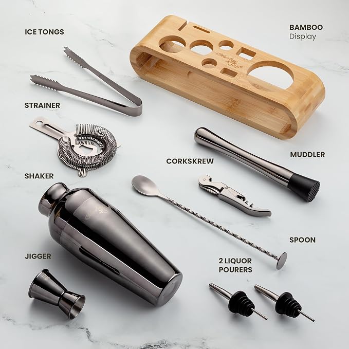 Mixology & Craft Cocktail Shaker Set with Bamboo Stand - Professional 10-Piece Bartender Kit, Complete Bar Set for Home Use with Jigger, Muddler, Strainer, Spoon, Pourers & Corkscrew (Gunmetal)