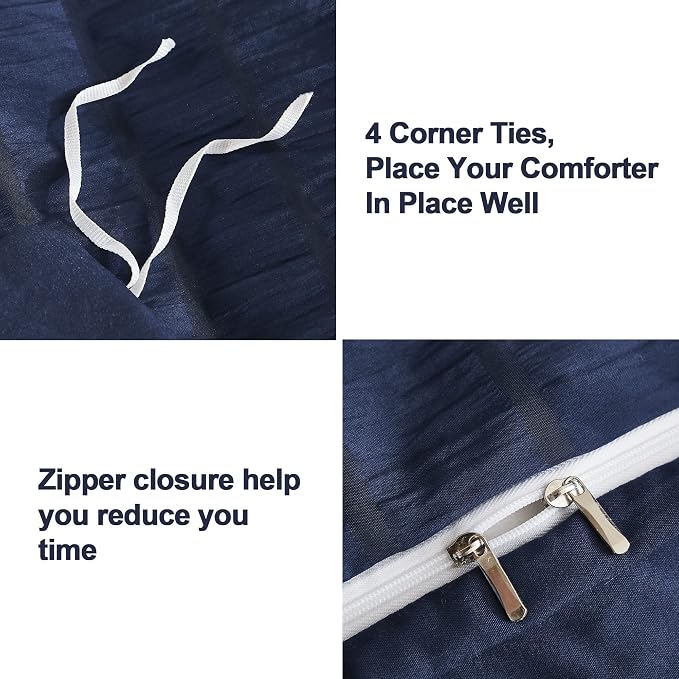 AveLom Seersucker Duvet Cover Set Queen Size (90 x 90 inches), 3 Pieces (1 Duvet Cover + 2 Pillow Cases), Navy Blue Ultra Soft Washed Microfiber, Textured Duvet Cover with Zipper Closure, Corner Ties