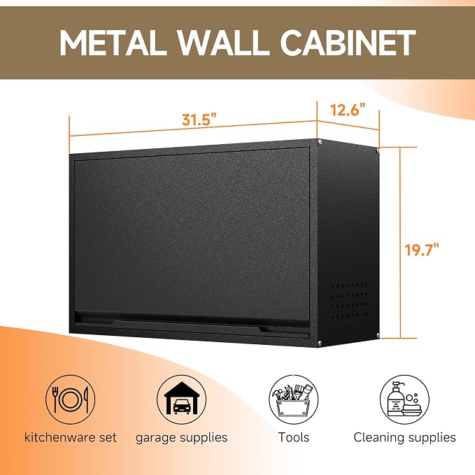 Coolsun Garage Wall Cabinet with Up-Flip Door, 19.7" H Metal Wall Cabinet | Wall Mounted Metal Storage Cabinet for Kitchen,Garage,Basement,Ware House Assembly Required (Black Gray 31.5" W)