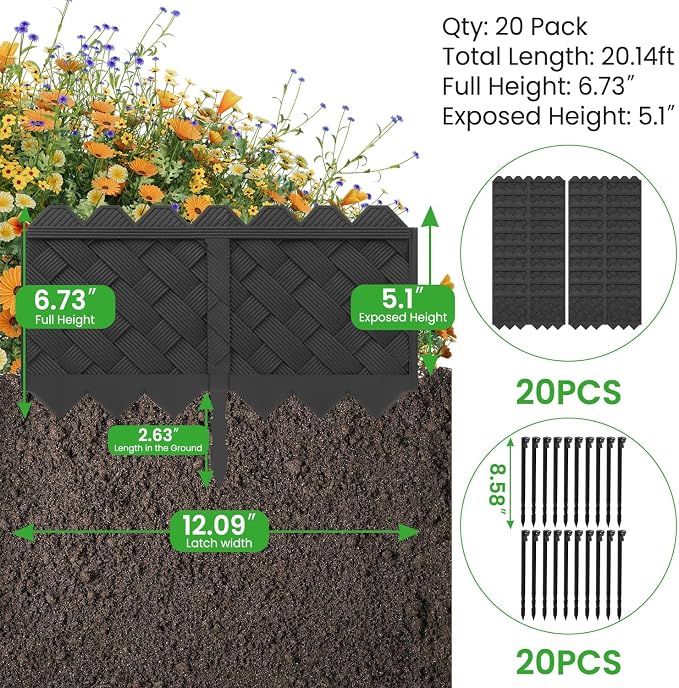 30 Pack Flower Bed Edging Borders, Landscape Edging with Stakes, 5" X 30ft | 3D Weaving Black Plastic Edging for Landscape Flower Beds, Lawns, Walkways, Durable Weatherproof Edger Divider, Simple DIY