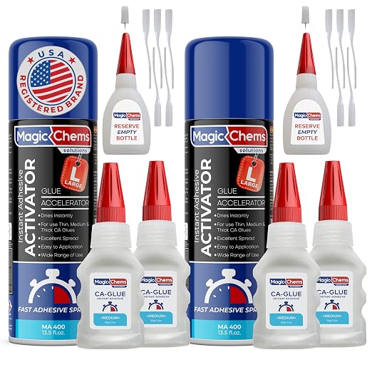 Magic Chems CA Glue with Activator (4 x 1.7 oz + 2 x 13.5 fl oz Activator), Cyanoacrylate Adhesive for 3D Printing & Acrylic, Strong Bond Super Glue Accelerator Set (2 Pack)