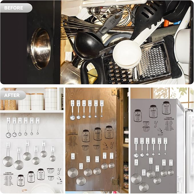 Measuring Cup and Spoon Organizer, 12 Pack Adhesive White Stainless Steel Hooks for Hanging with 6 Kitchen Conversion Chart Stickers, Kitchen Hooks for Space Saving Storage
