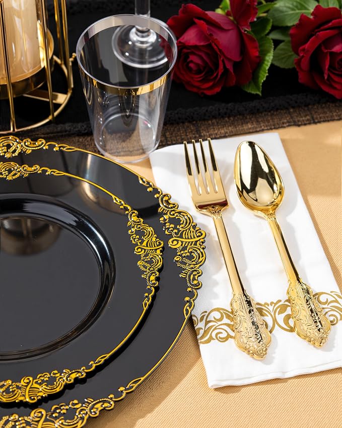 Nervure 350PCS Black Plastic Plates - Black Plastic Dinnerware Sets for 50 Guests - 100 Disposable Plates, 150 Gold Silverware, 50 Cups, 50 Napkins for Wedding & Party & Graduation & Retirement