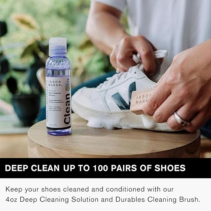 Jason Markk Essential Kit Shoe Cleaner & Microfiber Towels, 5-Piece Set, Deep Cleaning Solution, Durables Brush & 3 Pack Microfiber Towels, Sneaker Care, Ideal for Footwear