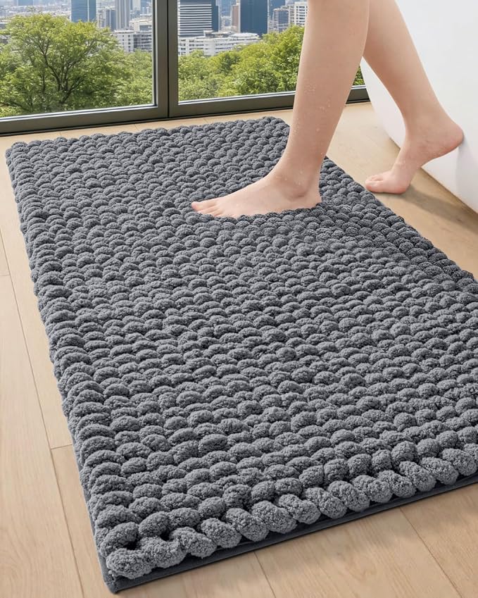 DEXI Bathroom Rugs 43x24, Non Slip Washable Bath Mat, Luxury Chenille Super Absorbent Ultra Thick Bathmats for Shower Floor, Plush Fluffy Shaggy Carpet for Tub, Dark Grey